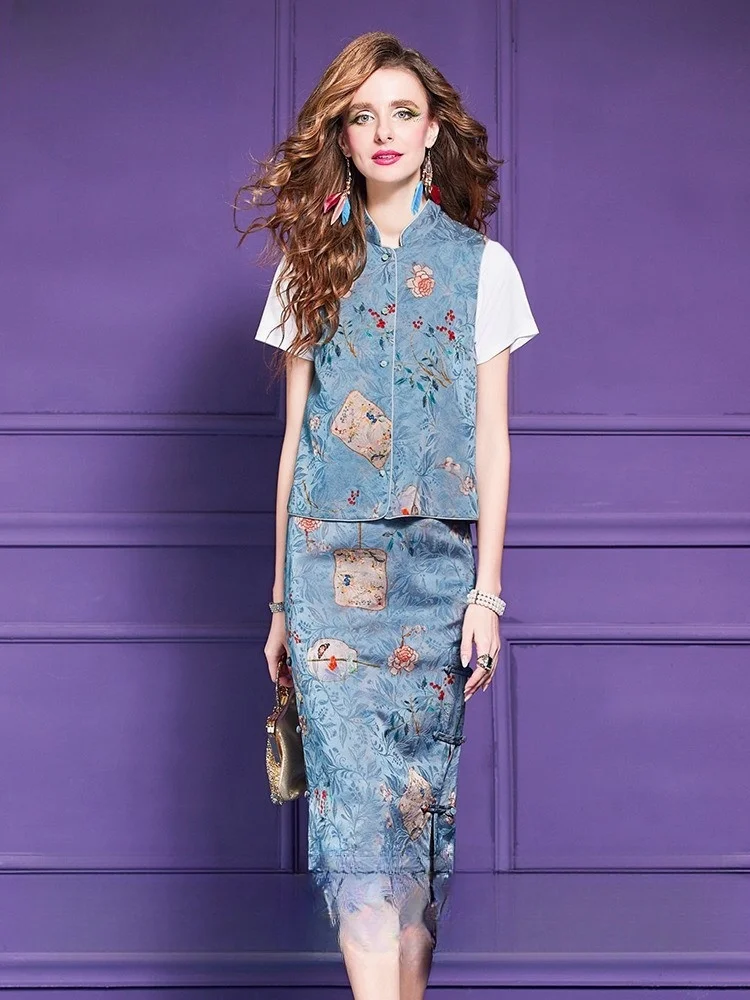 Embroidered new Chinese-style traditional Chinese style set for women light button-up top and skirt two-piece