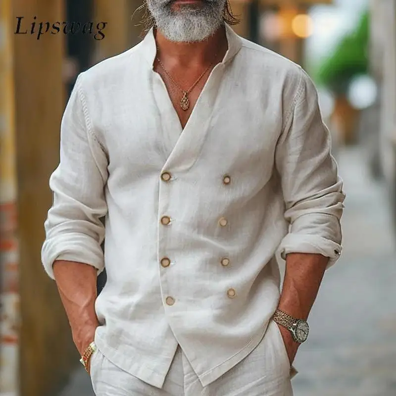 

Fall Long Sleeve Cotton Linen Shirts Men Classic Double Breasted Stand Collar Cotton Cardigan For Mens Vintage Solid Color Shirt