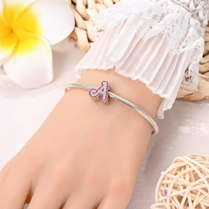 PANDACH-abalorio de plata de ley 925 con 26 letras del alfabeto, abalorio compatible con Pandora 925 Original, colgante de pulsera, joyería artesanal