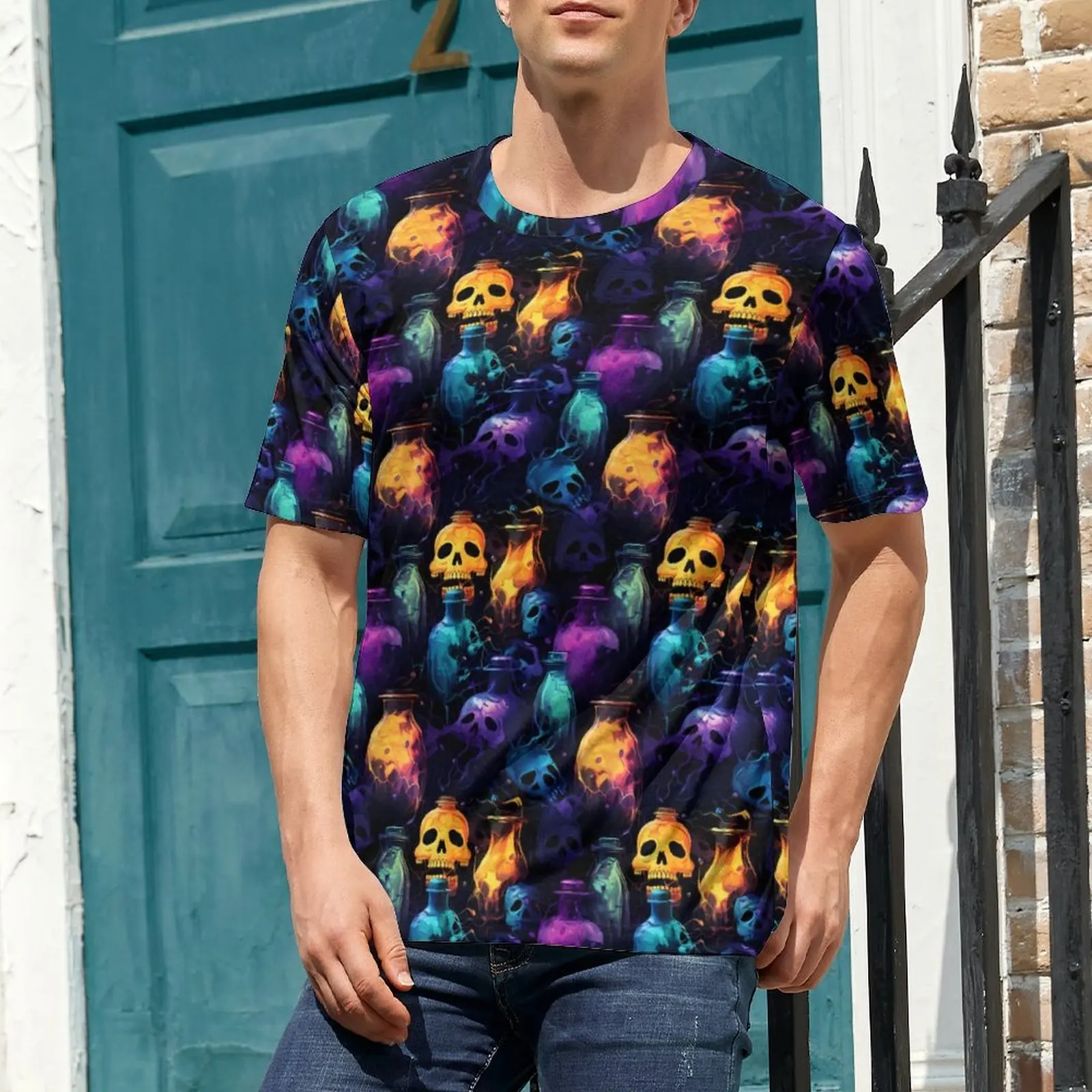 Summer T Shirt Halloween Orange Purple T-Shirts Spooky Skull Casual Popular Tees For Male Short-Sleeve Pattern Big Size Clothes