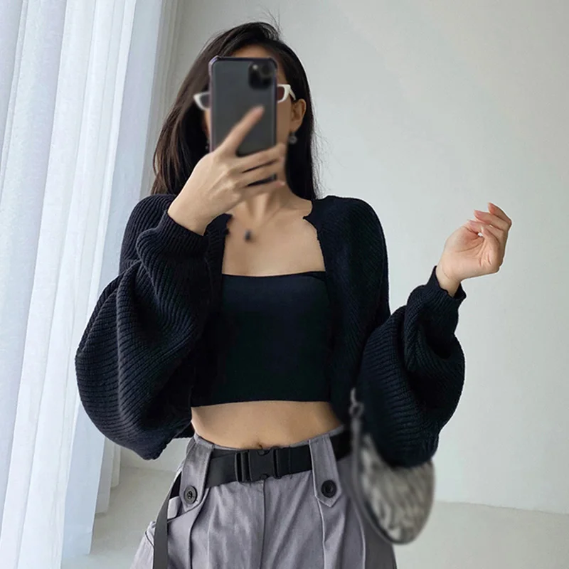 Knitted Long Sleeve Sweater for Women, Fashionable Tops, Ultra Short, Bishop Sleeve, Monochromatic Coats, Spring,Autumn,Winter