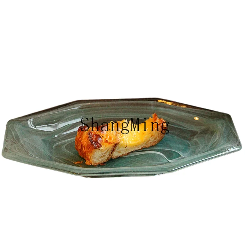 

PYH star anise glass plate cloud mist fruit plate high value western food art salad green lake mist pattern plate