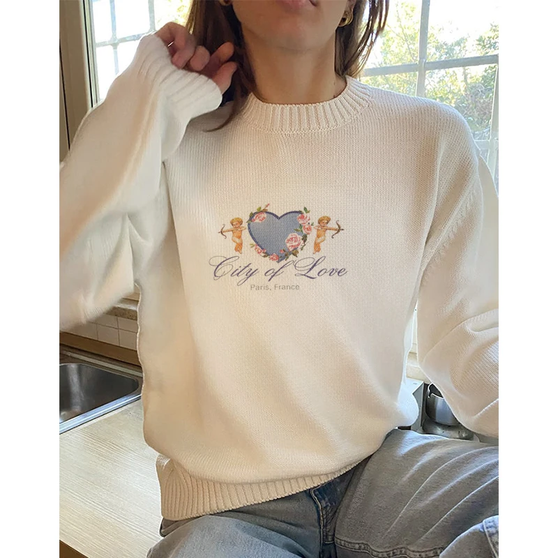 Vintage Long Sleeve Loose Letter Graphics Print Y2K Sweaters Casual O-Neck Loose Knit Harajuku Pullover Top Knitwear Streetwear