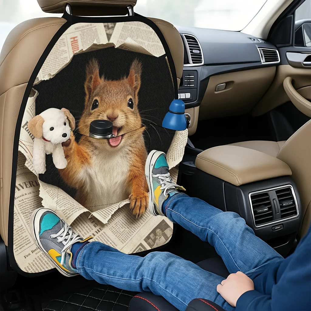 2pcs 2D Printed Car Seat Back Protector Mats Squirrel Breaking Paper And Cute Full Theme Pattern Printed Car Seat Back Protector