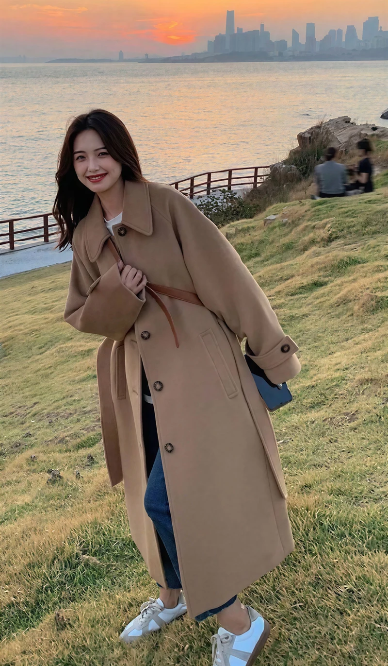 

Wool Blend Coats Womens Woolen Coat Double Collar Winter Cashmere Color-Blocked Bronzing Adjustable Waist-Fitted Raglan Sleeve