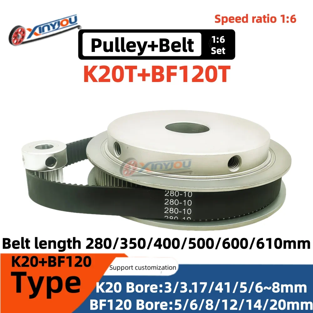 

2GT K20T+BF120Teeth Timing Pulley Belt Set Speed ratio 1:6 Bore 3~20mm Belt Width 10mm Belt length280~610mm