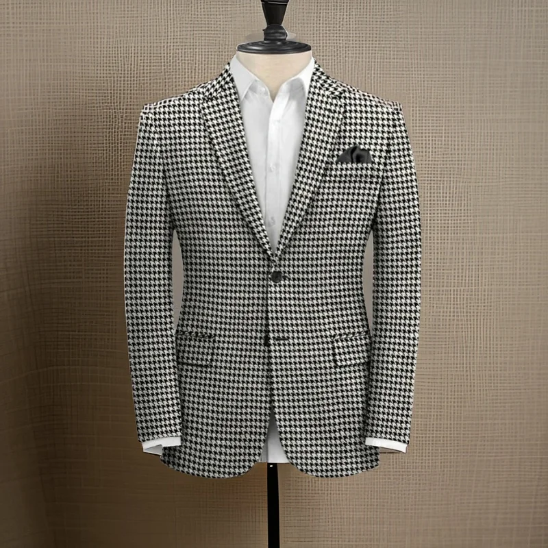 Plaid Blazer for Men Slim Fit 2024 Notched Lapel Male Suit Jacket 1 Pc American Fashion Check Houndstooth Coat Ready to Ship