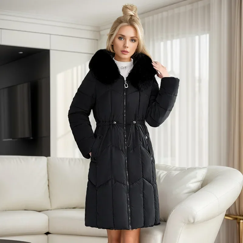 2024 Winter Women\'s Padded Jackets Mid-Length Fashionable Hooded Large Fur Collar Loose Thick A Waist-Cinching Down Cotton Coat