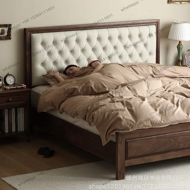 Factory Direct Sales American Solid Wood North American Black Walnut Vintage Large Backrest Bed Soft Bag