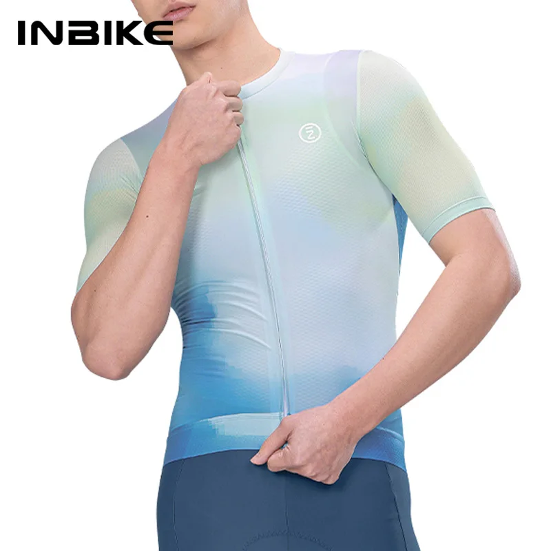 INBIKE Summer MTB Cycling Jersey Man Full Zipper Breathable Men's Cycling Clothing Bicycle Bike Jersey Top Shirts with 3 pockets