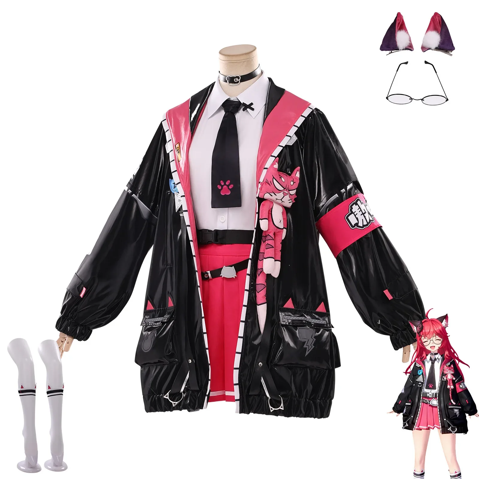 Neverness to Everness Nanally Coluccis Cosplay Costume Wig Anime Game NTE Nanally  Leather Jacket Shirt Skirt Accessory Set view 3