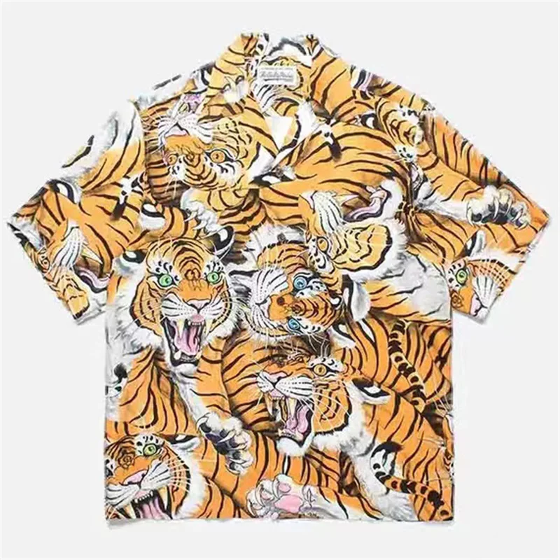 White Blue Yellow Hawaii Beach Shirt Tiger Pattern Print Men Woman 1:1 Good Quality Quick Drying Lapel T Shirt Tops