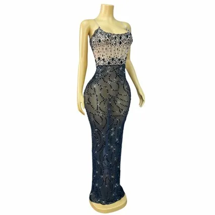 Elegant design sexy openwork rhinestone long dress evening red carpet gown fashion show outfit black diamond gown