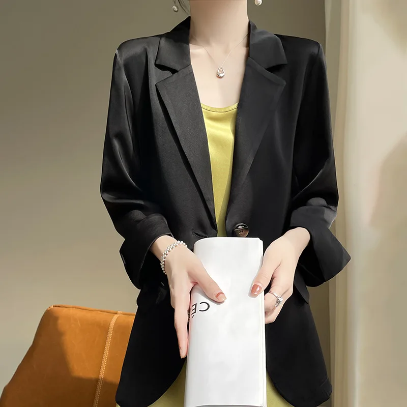 2023 New Summer Acetate Satin Suit Jacket Women's Seven-point Sleeves with Solid Color Loose Coat Western Fashion Small Suit