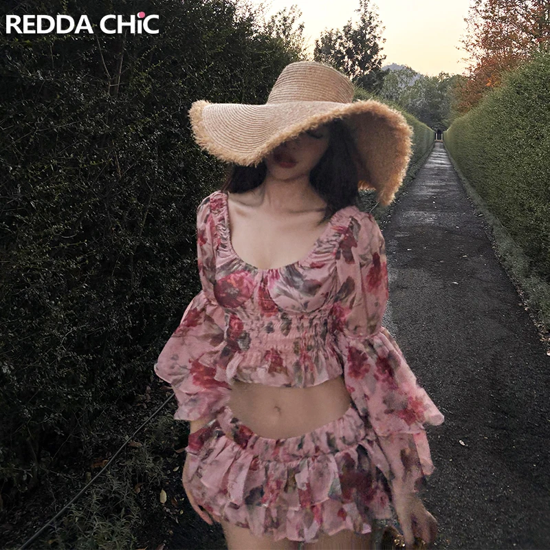 REDDACHiC Romantic Rose Blouse Short Matching Set Cutecore Printing Ruffled Cinched Top Mini Cake Culottes Summer Women Clothes