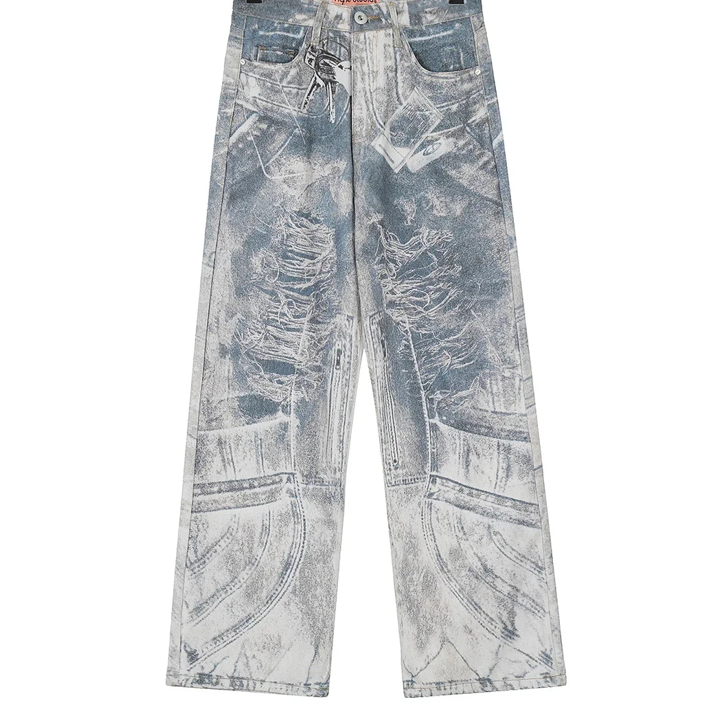 Vintage Keychain Tie Dye Splattered Ink Baggy Jeans for Men and Women Ripped Casual Wide Leg Denim Trousres Oversized Cargos