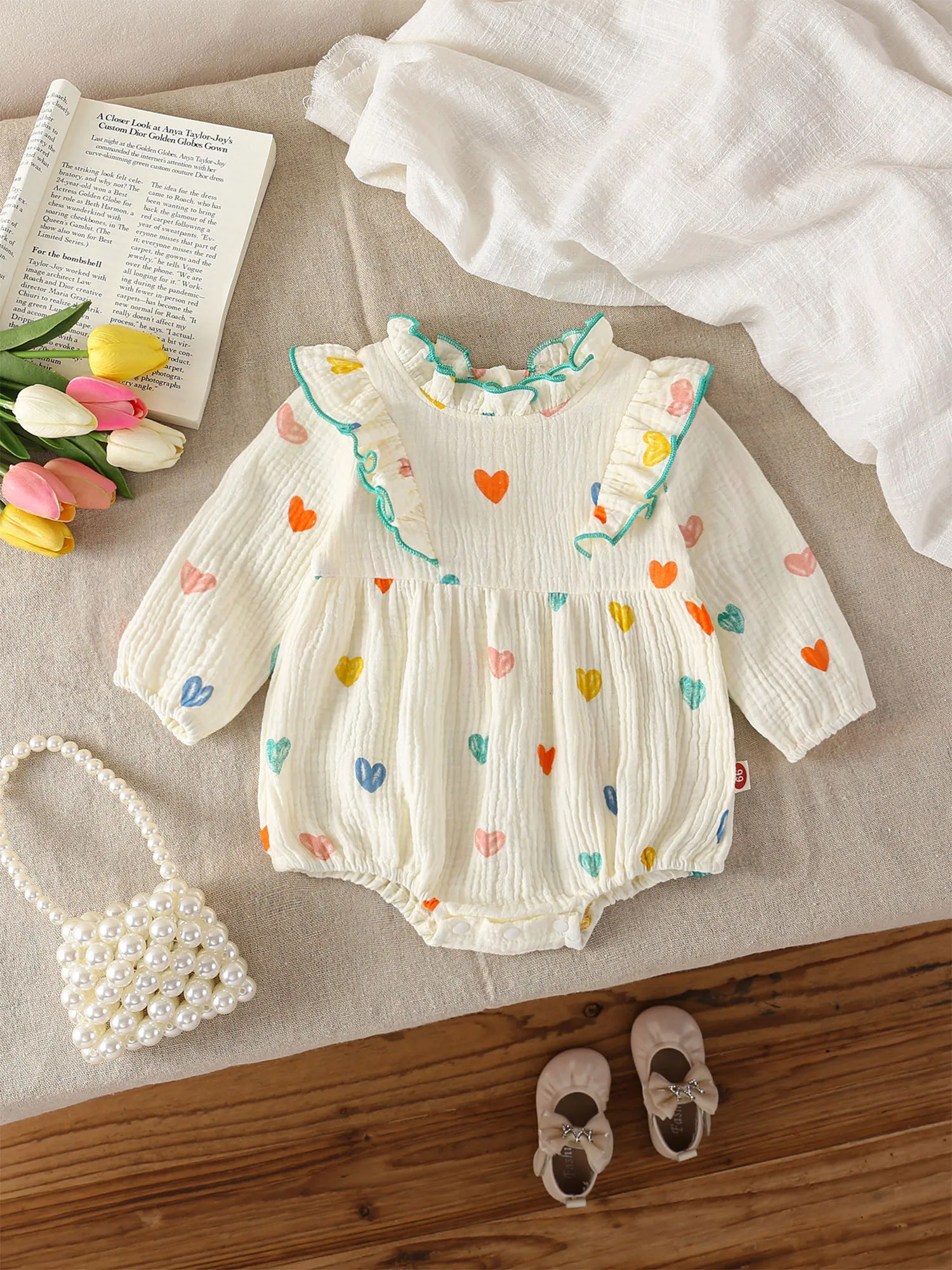 Peleles de algodón para niñas recién nacidas, mono informal con estampado Floral de corazón y manga larga con volantes, ropa de vacaciones para niños
