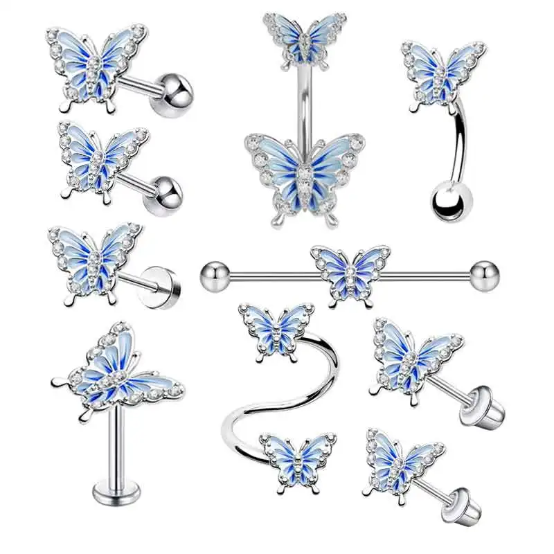 Wholesales Butterfly belly button rings Screw Flat Cartilage Earrings Stud Industrial Barbell Twist Navel Rings Eyebrow  Lip