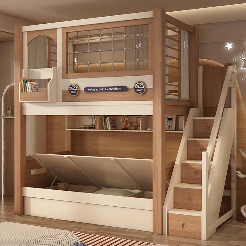 Litera de madera maciza, cama alta y baja para niños, litera, camas superiores e inferiores de dos capas con diapositivas no interferencias con cada uno