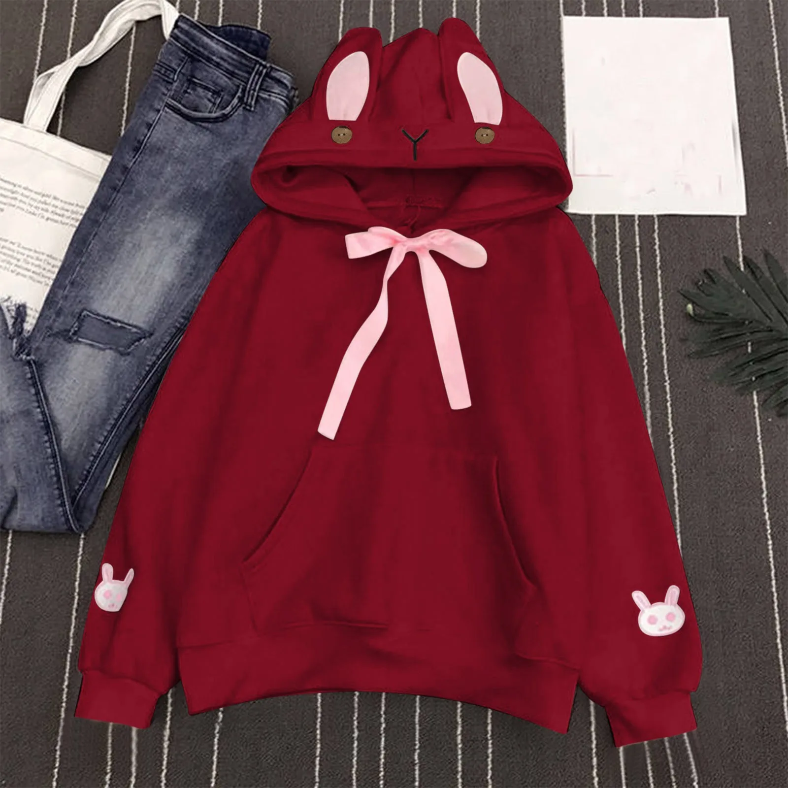 Women Rabbit Ears Sweatshirts Harajuku Bunny Hoodies With Ears Kawaii Clothes Girls Long Sleeve Oversized Tracksuit Jackets Tops