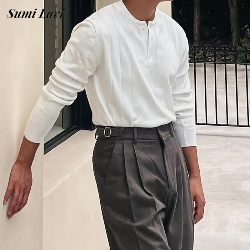 

Vintage Solid Color Knit Henley Shirt Mens Spring Autumn Casual O Neck Buttoned Sweater For Men Daily Leisure Long Sleeve Tops
