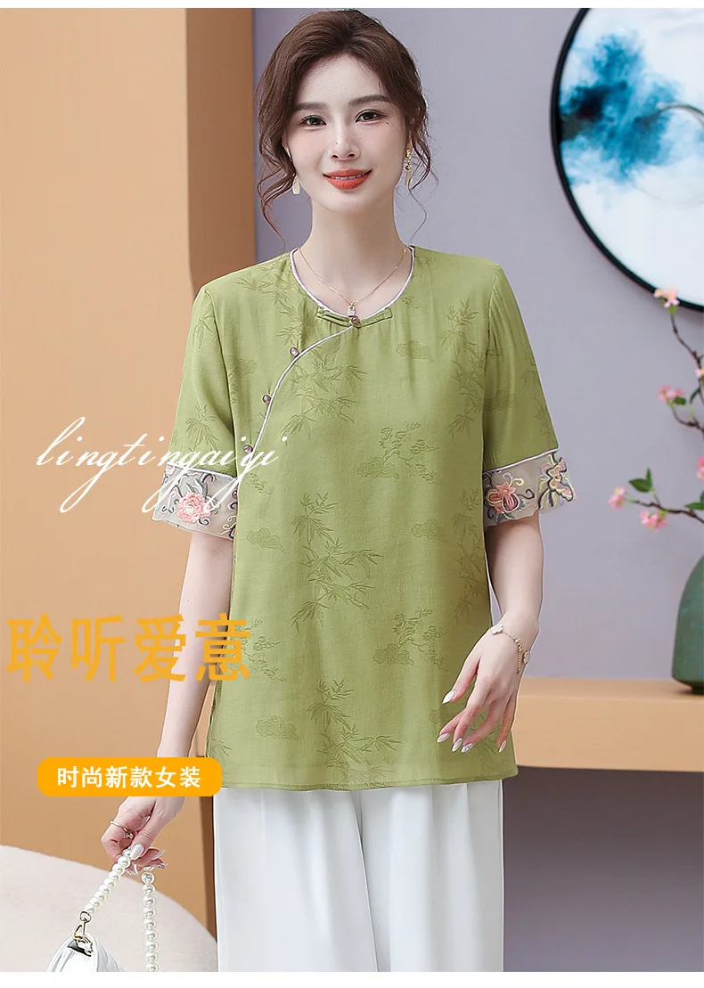 New Chinese Mom's Summer 2024 New Middle aged and Elderly Women's Summer Thin Western Chiffon Shirt T-shirt