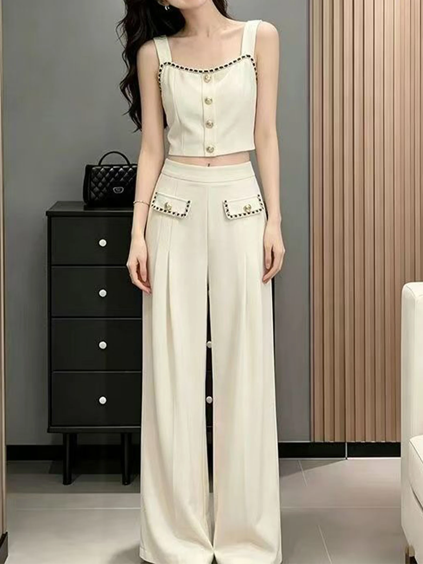 Summer New Style High Waist Wide Leg Pants And Tank Top Two Piece Set Women's Fashionable Elegant Little Fragrance Wind