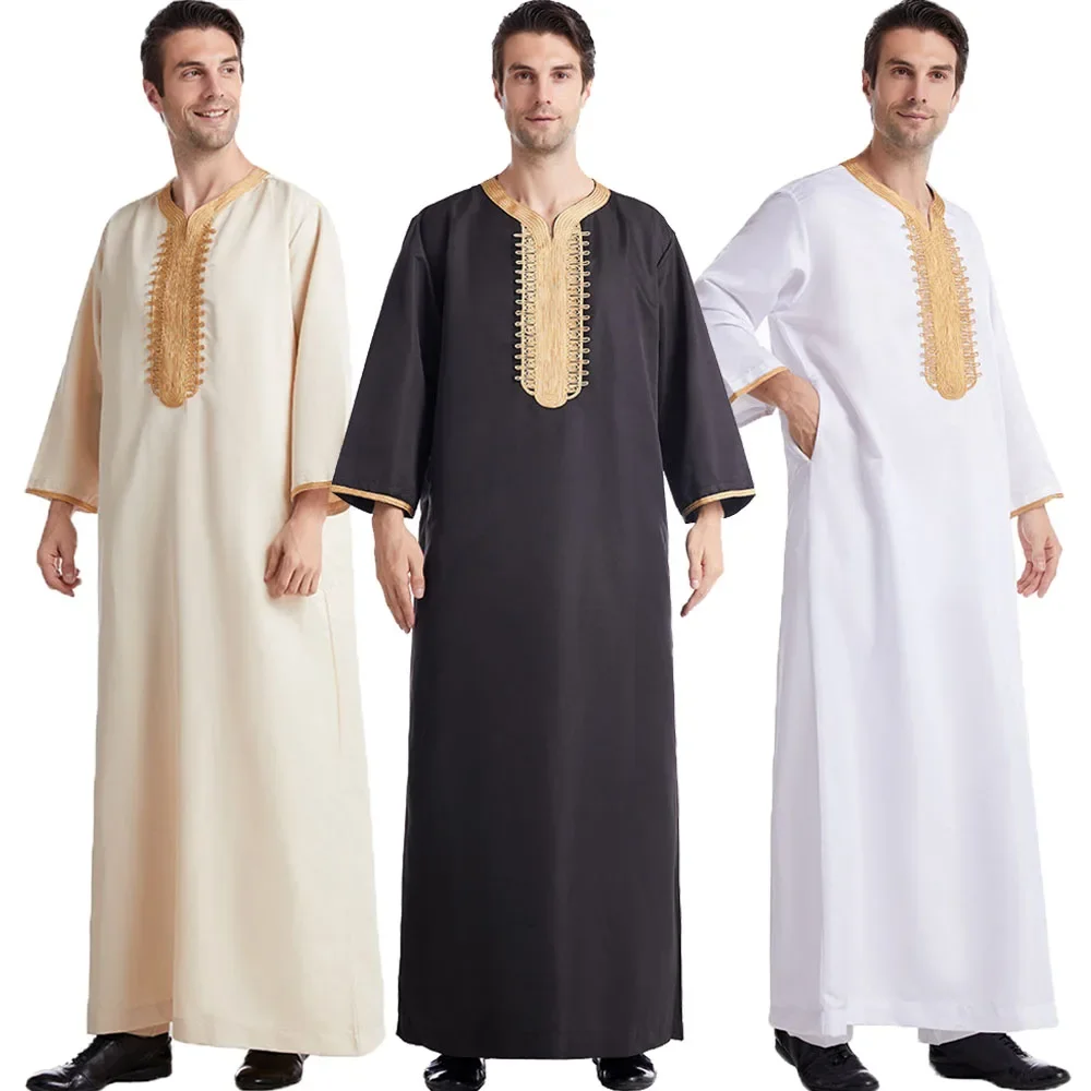 Muslimische Männer Jubba Thobe Einfarbig Atmungsaktive Stickerei Lange Roben Kleid Islamischen Arabischen Kaftan Abaya Nahen Osten Dubai Pakistanischen