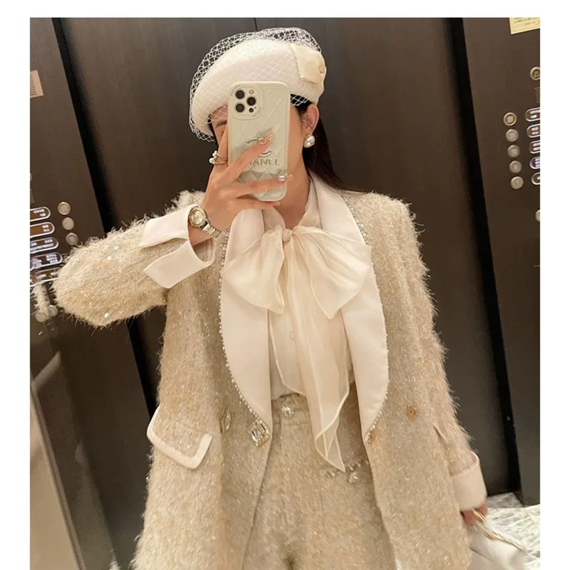 Golden Shiny Silk Woven Thickened Small Fragrance Suit Jacket High-End Diamond Buckle Sequin Coat for Women Spring Two-piece Set