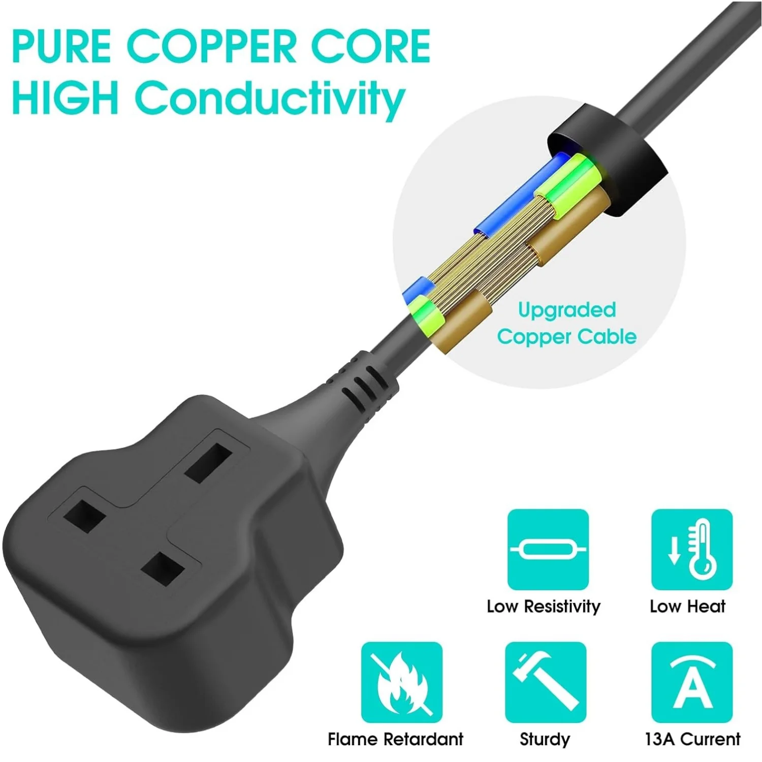 1pc UK black power extension cord socket 13A 3250W high power use suitable indoor and outdoor use power cord extension socket