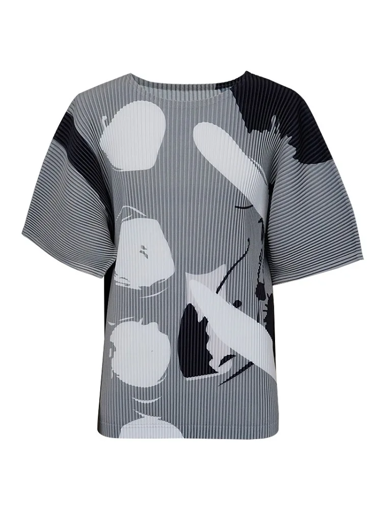 

Miyake Men's T-shirt Summer Geometric Print Loose Pleated Round Neck Short Sleeved Top Original Designer Style
