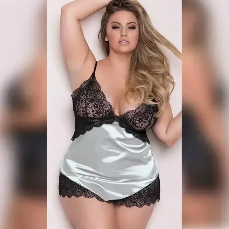 Sukienka nocna Kobiety Plussize Bielizna Seksowna Koronka Głębokie V Seksowny Kolor Satyna Seksowna Bielizna Damska Odzież Domowa Piżama Bielizna 2 Zestawy — zdjęcie 6
