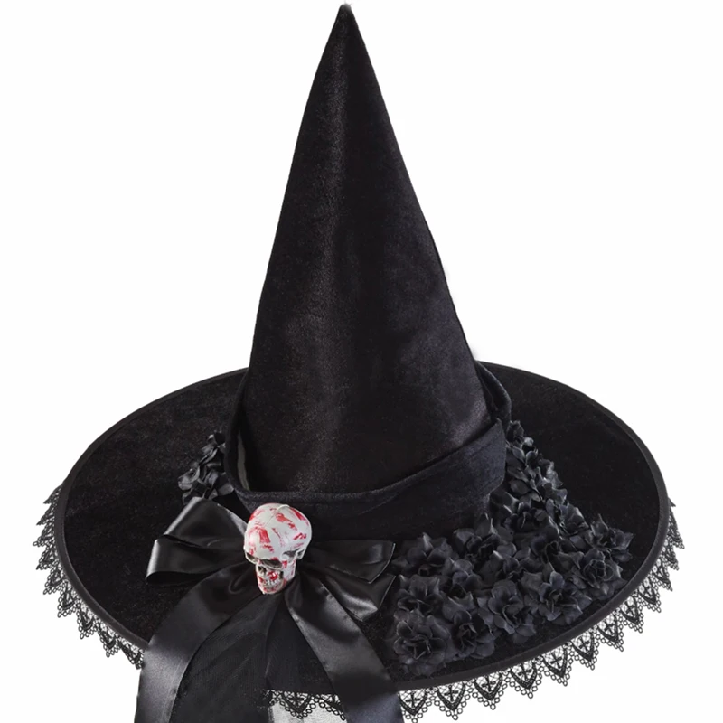 Halloween Schedel Heksenhoed Met Zwarte Rozen Sluier Lint Mannen Vrouwen Feest Hoofdtooi Gotische Cosplay Rekwisieten Decors