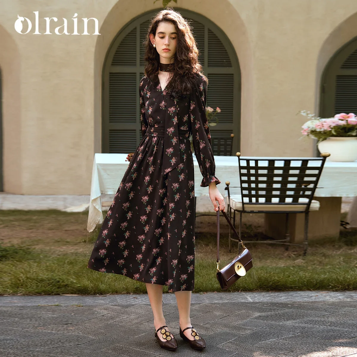 

OLrain French Style Printing Dresses Women 2025 Spring Midi A-line Ribbon Folds Butterfly Sleeve Elegant Dresses M56QL93905