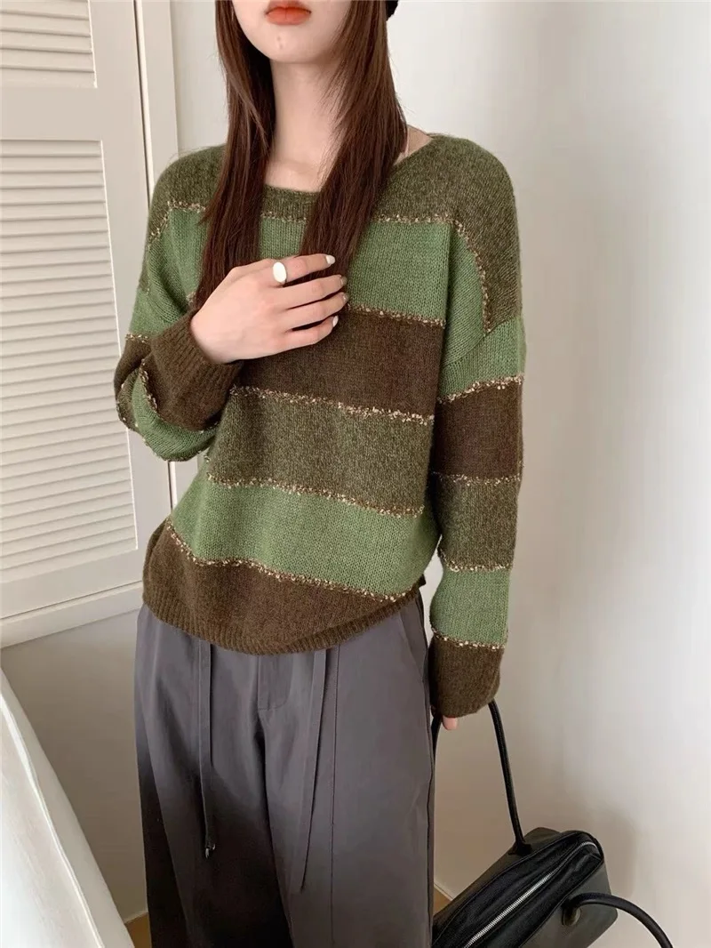 

Casual Stripe Knitwear Loose Fit Long Sve round Ne Sweater Autumn Winter New Sle Versatile Comfortable Lazy Sle Top