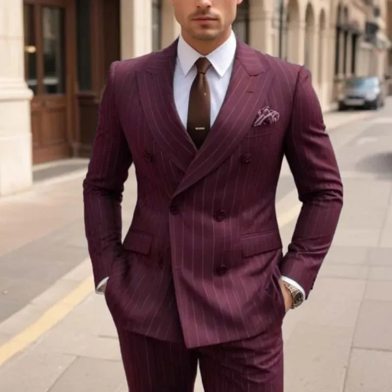 Fashion Double Breasted Peak Lapel Blazer Brown Stripe Regular Length Men\'s Suits Custom Wedding 2 Piece Jacket Pants Outfits