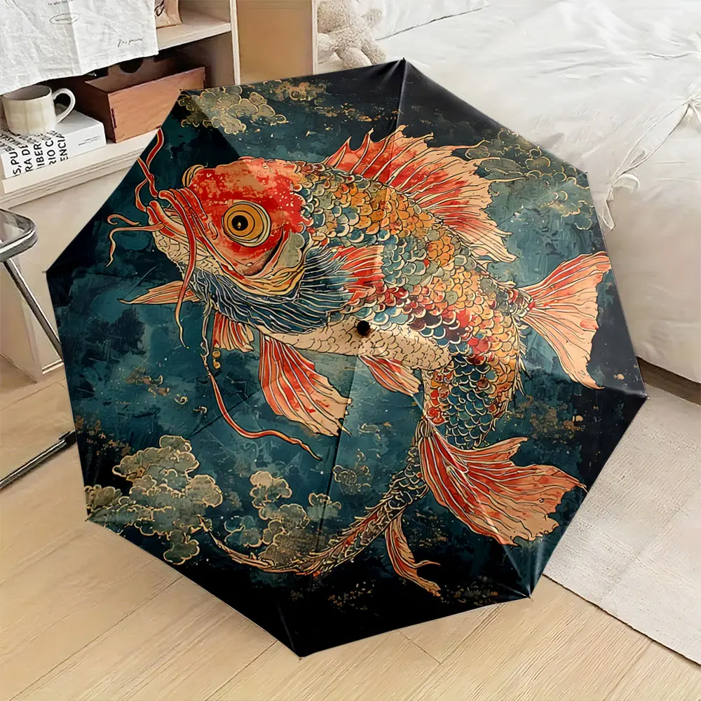 Vintage Style Colorful Koi Fish with Ocean Background portable waterproof sun rain umbrella for outdoor travel beach