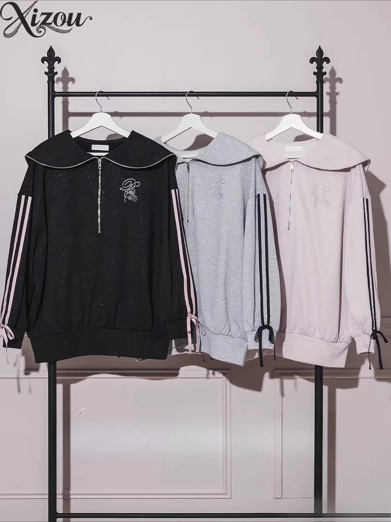 Japanese Y2k Women Hooded Sweatshirt Jacket Loose Zipper Sailor Collar Pink Stripe Sleeves Pink Cute Spring Autumn Sportswear