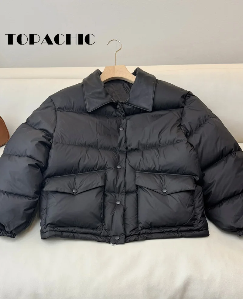 9.22 TOPACHIC-Women Letter Leather Lapel Bread Down Jacket Loose Keep Warm Short Duck Down Outerwear