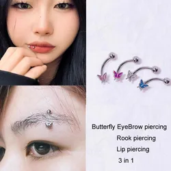 1PC Butterfly Eyebrow Piercing Steel Curved Bar Rook Piercing Vertical Labret Banana Bar Multi-role Body Piercing 16G 1.2mm