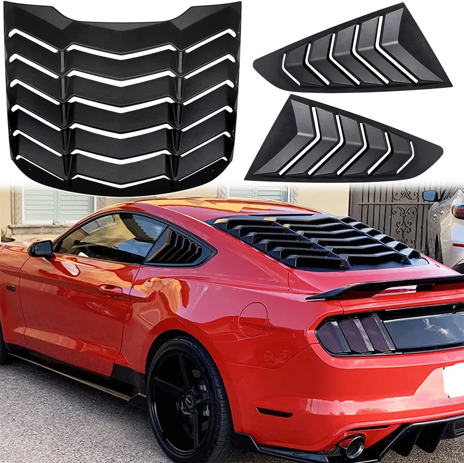 TML Rear & Side Window Louvers Windshield Sun Shade Cover for Ford Mustang 2015 - 2023 in GT Lambo Style ABS Matte Black