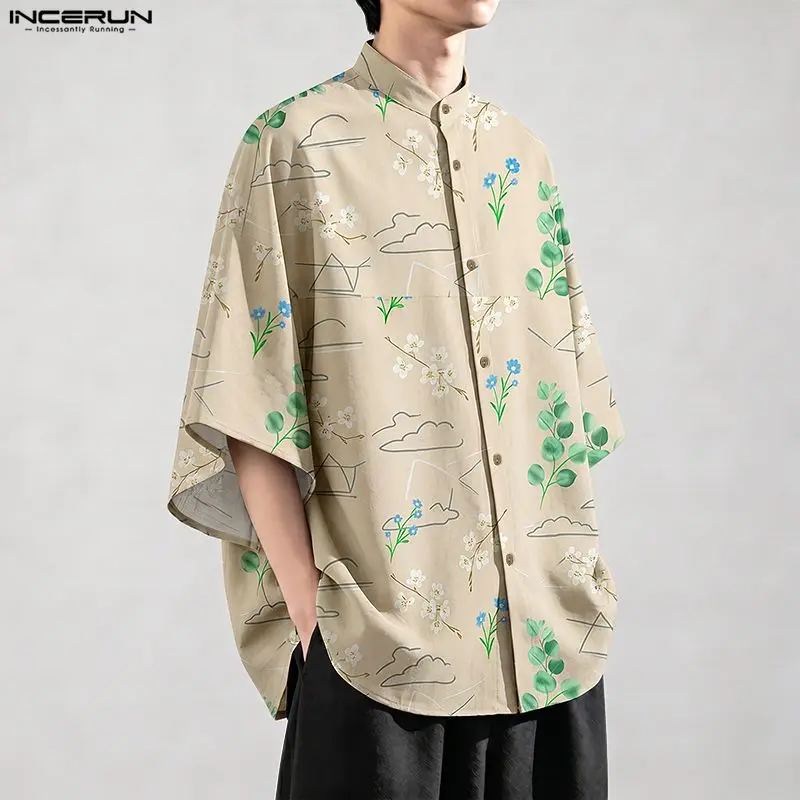 INCERUN Men's Shirt Printing Stand Collar Half Sleeve Button Men Clothes Summer Streetwear Loose 2026 Casual Tops Shirts For Man