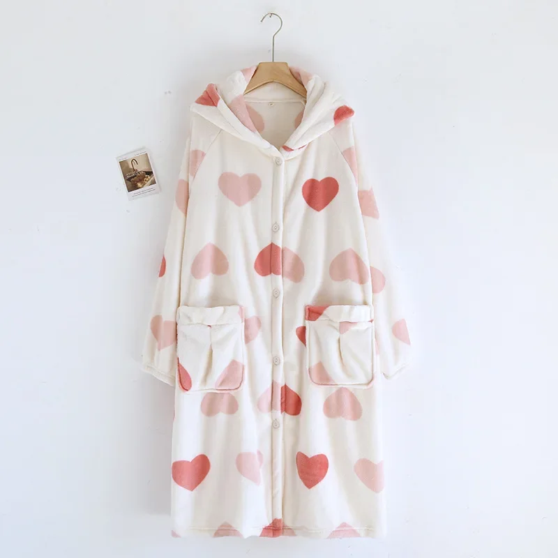 2024 Winter New Flannel Sleeping Robe Women\'s Bathrobe Long Thickened Velvet Cute Sweet Hooded Home Robe Sleepwear Ladies