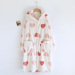 2024 Winter New Flannel Sleeping Robe Women's Bathrobe Long Thickened Velvet Cute Sweet Hooded Home Robe Sleepwear Ladies