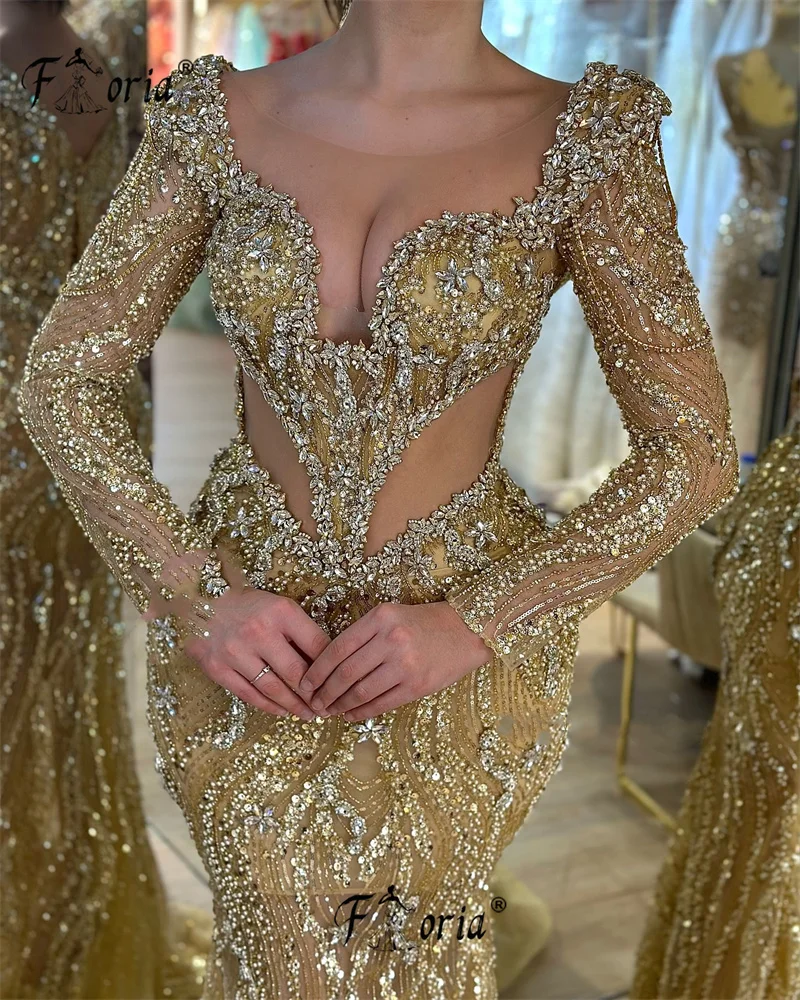 Luxe Dubai Lange Mouw Zeemeermin Avondjurk Goud Kristal Pailletten Cut-out Taille Formele Gelegenheid Jurken Robe de soiree Femme