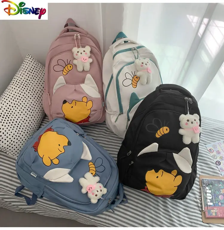 Disney Couple School Bag Campus Students Large Capacity Graffiti Winnie Bear Fashion Print High Quality Nylon Backpack