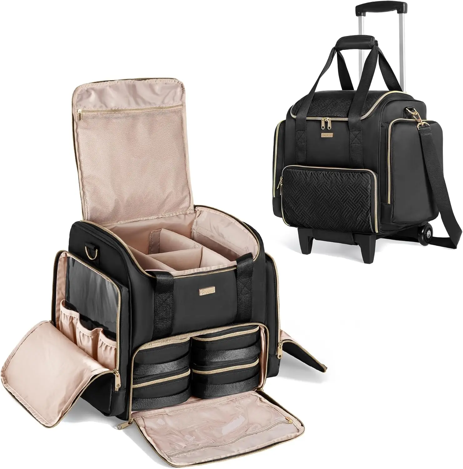 

Профессиональный кейс для макияжа на колесиках с 4 съемными сумками, колесами и отделением для хранения кистей, черный, из лакированной кожи