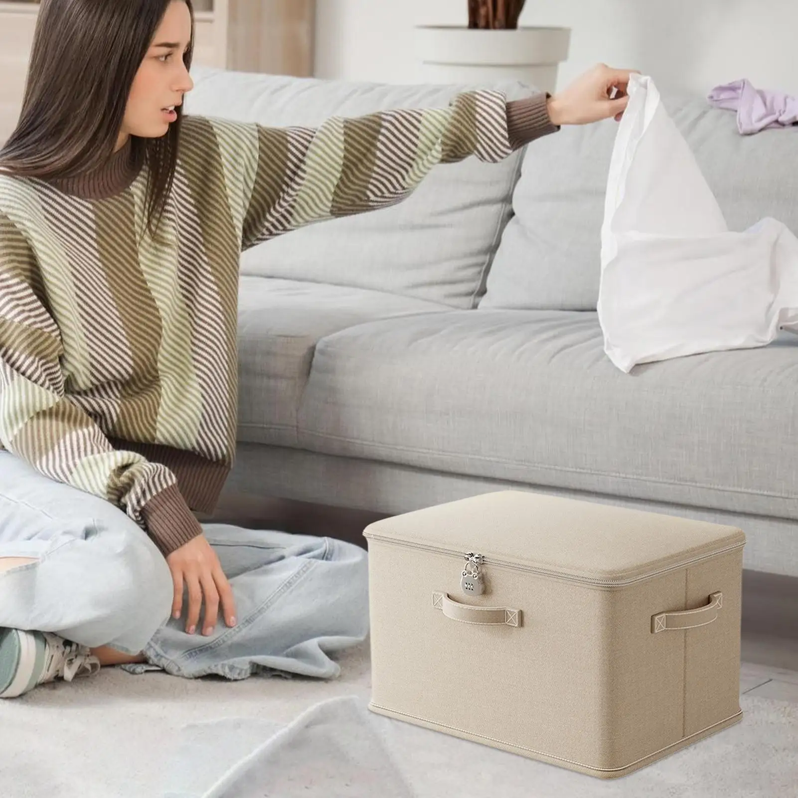 صندوق تخزين قابل للقفل، حاوية قابلة للتكديس مقاومة للرائحة مع مقبض، سلال رف قابلة للغسل لألعاب الملابس والبطانية وتنظيم المنزل #5