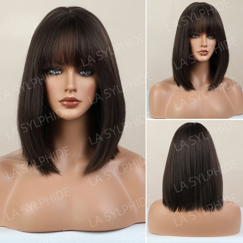 

Black Long Straight Wig Women's Hair Qi Bangs BOBO Head Black Brown Shoulder Long Chemical Fiber Wigs Non-Hand Weaving Mechanism