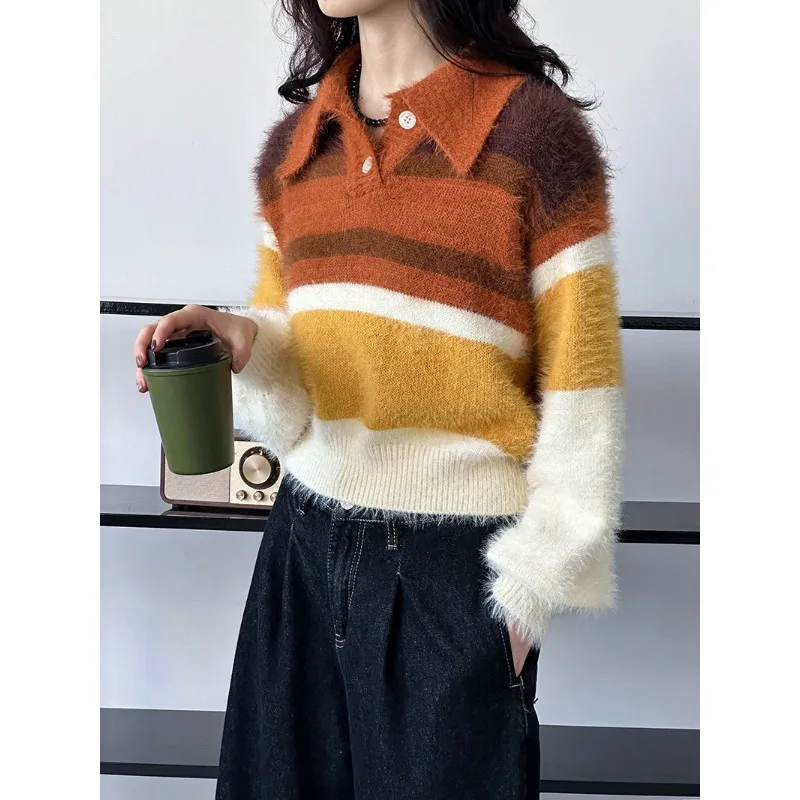 

2025 Autumn Color Matching Knitted Sweater Women's Lapel Lazy Retro Design Top